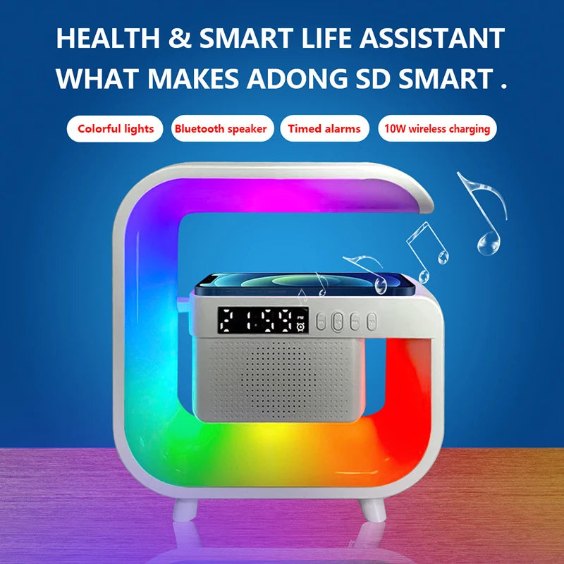 Bluetooth 5.0 høyttaler multifunksjons trådløs ladestativ FM TF RGB nattlys Hurtigladestasjon for iPhone Samsung Xiaomi