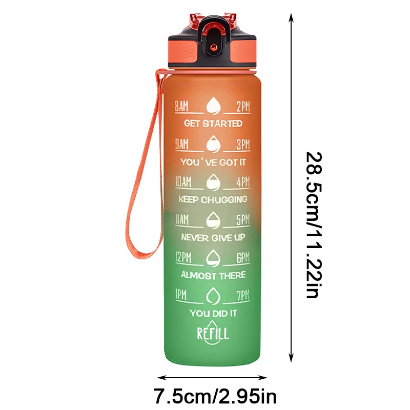 1000 ml Wasserflasche mit großem Fassungsvermögen, mit Zeitmarkierung und Plastikstrohhalm, auslaufsichere Wasserflasche mit Motiv für den Außenbereich, Trinkflasche