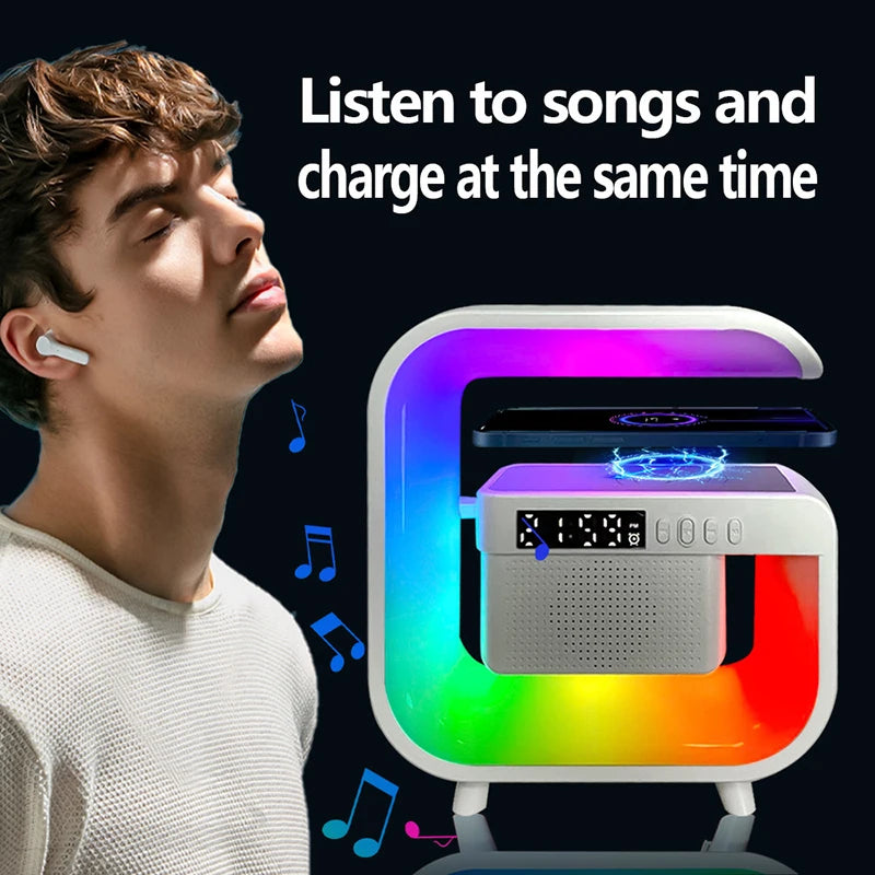 Bluetooth 5.0 høyttaler multifunksjons trådløs ladestativ FM TF RGB nattlys Hurtigladestasjon for iPhone Samsung Xiaomi