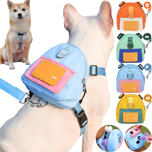 Pet Backpack Harness With Leash For Dog Adjustable Self Mini Carrier Pack Pocket Saddle Bag Puppy Bag With Training Lead Leash